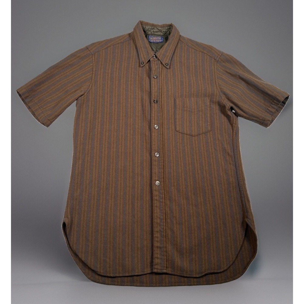 Vintage 60s Pendleton Short Sleeve Wool Shirt Mens L Brown Striped Button Down